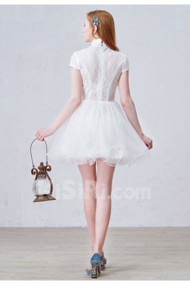 Lace, Tulle High Collar Mini/Short Cap Sleeve Ball Gown Dress with Beads