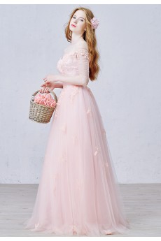 Lace, Tulle Off-the-Shoulder Floor Length Half Sleeve A-line Dress