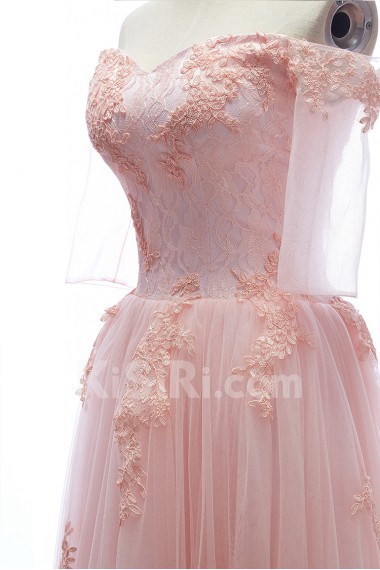 Lace, Tulle Off-the-Shoulder Floor Length Half Sleeve A-line Dress