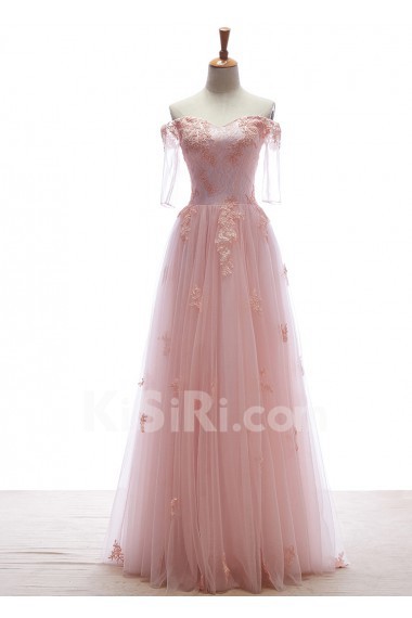 Lace, Tulle Off-the-Shoulder Floor Length Half Sleeve A-line Dress