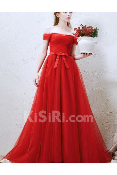 Tulle Off-the-Shoulder Sweep Train A-line Dress with Bow