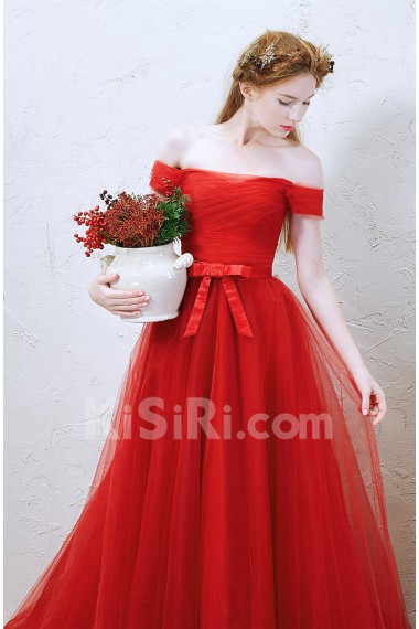 Tulle Off-the-Shoulder Sweep Train A-line Dress with Bow