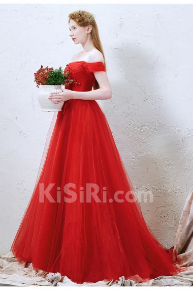 Tulle Off-the-Shoulder Sweep Train A-line Dress with Bow