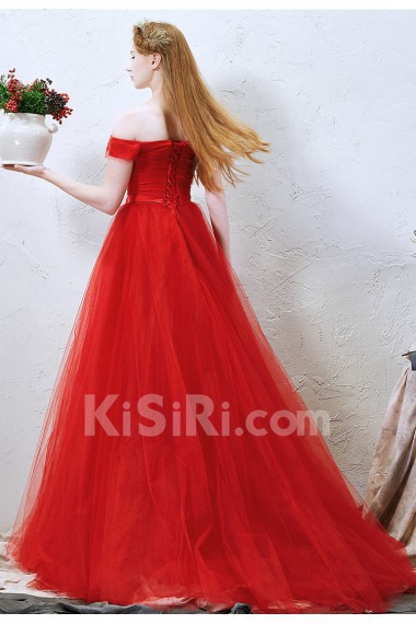 Tulle Off-the-Shoulder Sweep Train A-line Dress with Bow