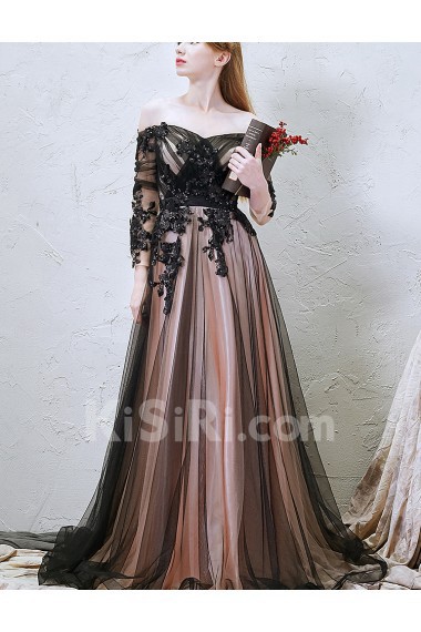 Lace, Tulle Off-the-Shoulder Floor Length Long Sleeve A-line Dress with Handmade Flowers, Sequins