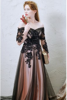 Lace, Tulle Off-the-Shoulder Floor Length Long Sleeve A-line Dress with Handmade Flowers, Sequins