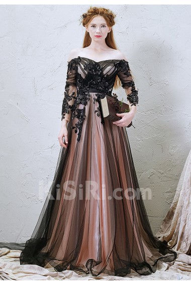 Lace, Tulle Off-the-Shoulder Floor Length Long Sleeve A-line Dress with Handmade Flowers, Sequins