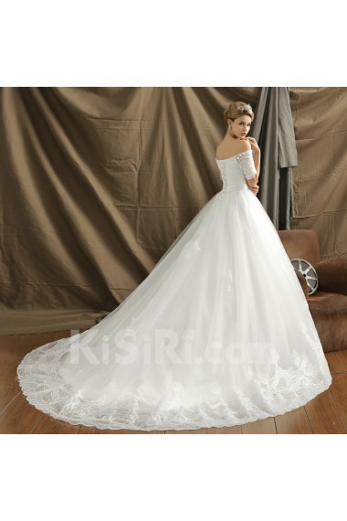 Organza Off-the-Shoulder Chapel Train A-line Dress with Lace