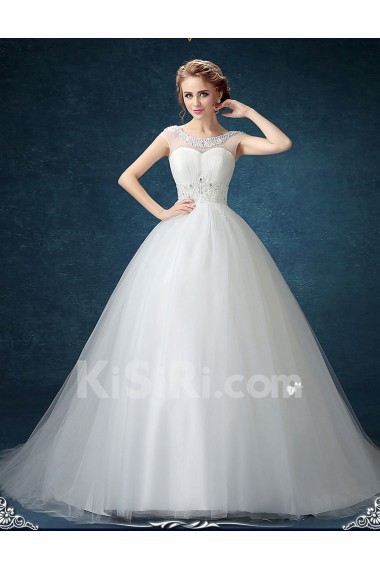 Chiffon, Tulle Scoop Chapel Train Cap Sleeve Ball Gown Dress with Beads