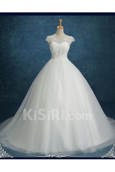 Chiffon, Tulle Scoop Chapel Train Cap Sleeve Ball Gown Dress with Beads