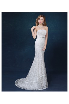 Tulle Strapless Sweep Train Sleeveless Mermaid Dress with Rhinestone