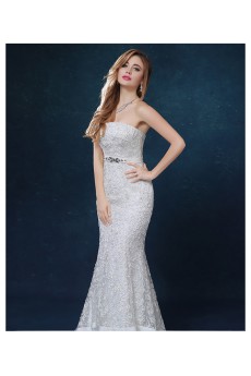 Tulle Strapless Sweep Train Sleeveless Mermaid Dress with Rhinestone