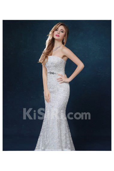 Tulle Strapless Sweep Train Sleeveless Mermaid Dress with Rhinestone