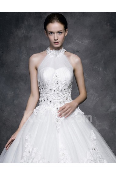 Lace, Satin, Tulle Halter Floor Length Sleeveless Ball Gown Dress with Rhinestone, Beads