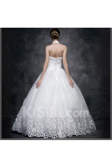 Lace, Satin, Tulle Halter Floor Length Sleeveless Ball Gown Dress with Rhinestone, Beads