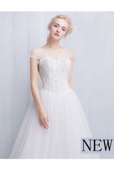 Tulle, Lace V-neck Floor Length Cap Sleeve Ball Gown Dress with Beads