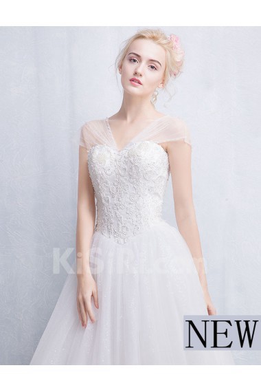 Tulle, Lace V-neck Floor Length Cap Sleeve Ball Gown Dress with Beads