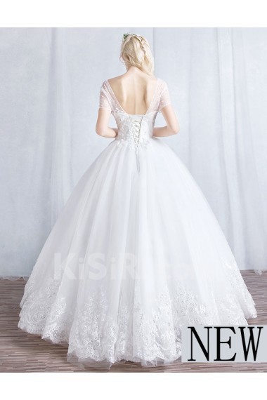 Tulle V-neck Floor Length Short Sleeve Ball Gown Dress with Sequins