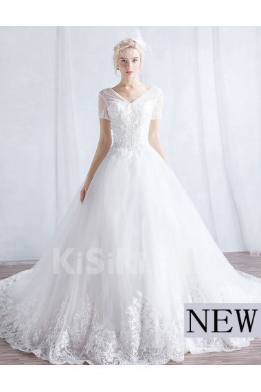 Tulle V-neck Chapel Train Short Sleeve Ball Gown Dress with Sequins