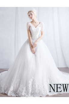 Tulle V-neck Chapel Train Short Sleeve Ball Gown Dress with Sequins