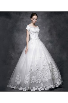 Lace, Satin Scoop Floor Length Short Sleeve Ball Gown Dress with Rhinestone