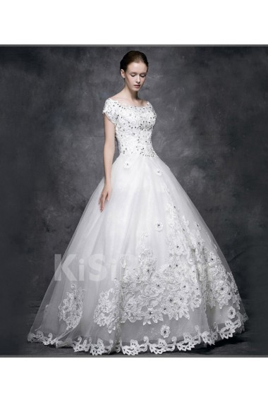 Lace, Satin Scoop Floor Length Short Sleeve Ball Gown Dress with Rhinestone