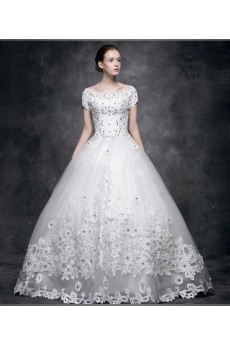 Lace, Satin Scoop Floor Length Short Sleeve Ball Gown Dress with Rhinestone