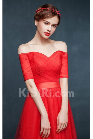 Tulle, Satin Off-the-Shoulder Floor Length Short Sleeve A-line Dress with Sash