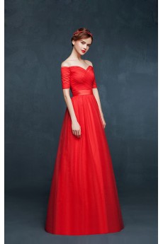 Tulle, Satin Off-the-Shoulder Floor Length Short Sleeve A-line Dress with Sash