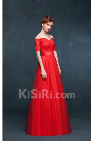 Tulle, Satin Off-the-Shoulder Floor Length Short Sleeve A-line Dress with Sash