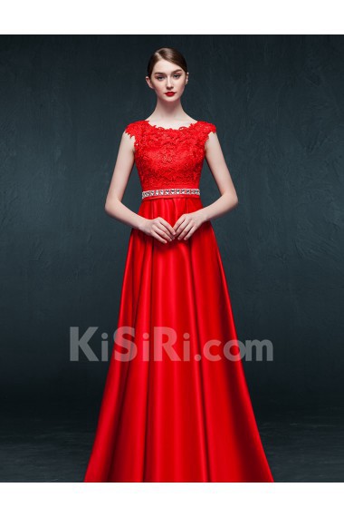 Satin, Lace Jewel Floor Length Cap Sleeve A-line Dress with Rhinestone, Sash