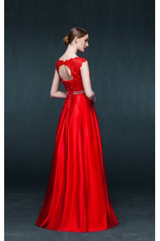 Satin, Lace Jewel Floor Length Cap Sleeve A-line Dress with Rhinestone, Sash