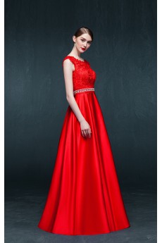 Satin, Lace Jewel Floor Length Cap Sleeve A-line Dress with Rhinestone, Sash