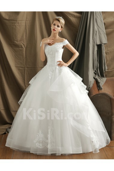 Organza Off-the-Shoulder Floor Length Ball Gown Dress with Flower, Rhinestone