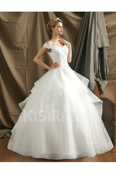 Organza Off-the-Shoulder Floor Length Ball Gown Dress with Flower, Rhinestone