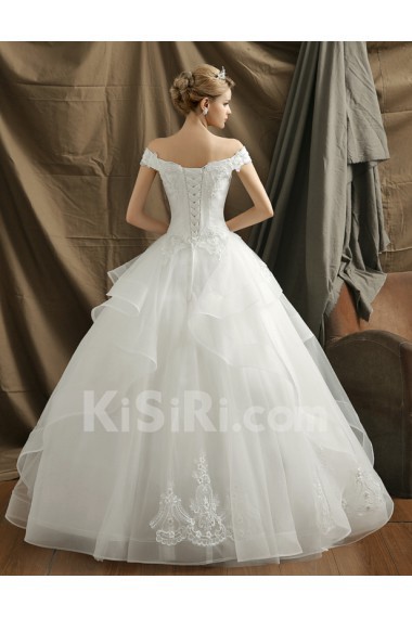 Organza Off-the-Shoulder Floor Length Ball Gown Dress with Flower, Rhinestone