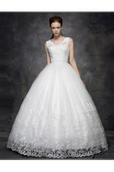 Lace, Satin, Tulle V-neck Floor Length Sleeveless Ball Gown Dress with Pearl