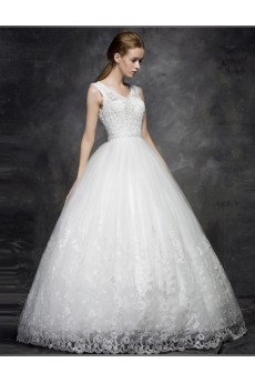 Lace, Satin, Tulle V-neck Floor Length Sleeveless Ball Gown Dress with Pearl