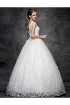 Lace, Satin, Tulle V-neck Floor Length Sleeveless Ball Gown Dress with Pearl