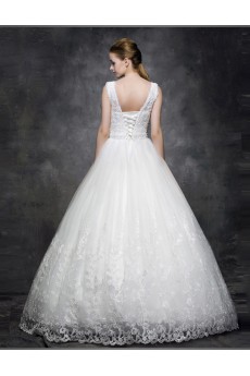 Lace, Satin, Tulle V-neck Floor Length Sleeveless Ball Gown Dress with Pearl