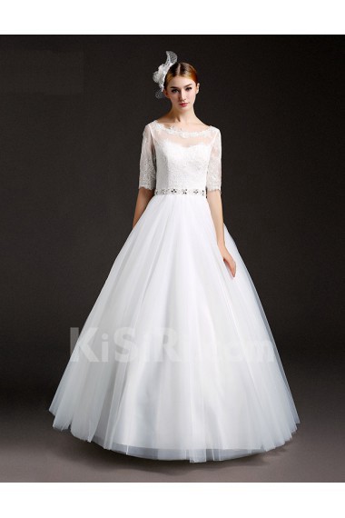 Tulle, Lace Scoop Floor Length Half Sleeve Ball Gown Dress with Rhinestone