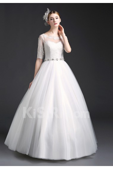 Tulle, Lace Scoop Floor Length Half Sleeve Ball Gown Dress with Rhinestone