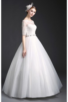 Tulle, Lace Scoop Floor Length Half Sleeve Ball Gown Dress with Rhinestone