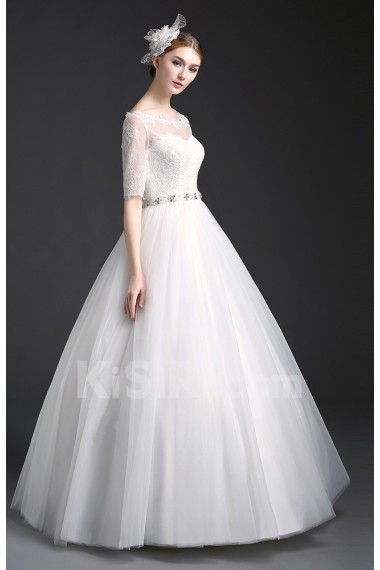 Tulle, Lace Scoop Floor Length Half Sleeve Ball Gown Dress with Rhinestone