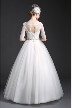 Tulle, Lace Scoop Floor Length Half Sleeve Ball Gown Dress with Rhinestone