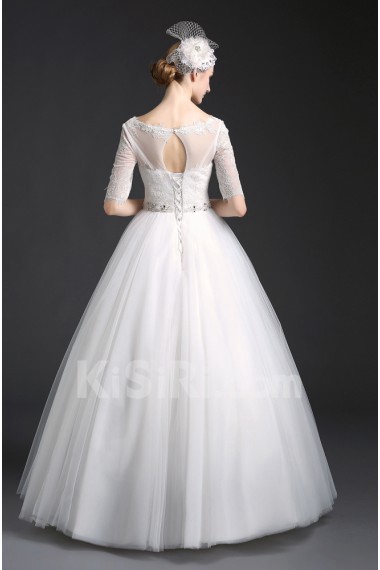 Tulle, Lace Scoop Floor Length Half Sleeve Ball Gown Dress with Rhinestone