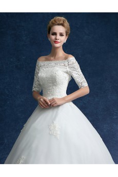 Tulle, Lace, Satin Off-the-Shoulder Chapel Train Half Sleeve Ball Gown Dress with Embroidered