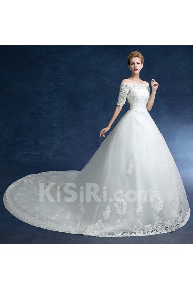 Tulle, Lace, Satin Off-the-Shoulder Chapel Train Half Sleeve Ball Gown Dress with Embroidered