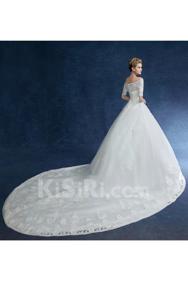 Tulle, Lace, Satin Off-the-Shoulder Chapel Train Half Sleeve Ball Gown Dress with Embroidered