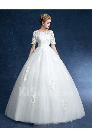 Tulle, Lace, Satin Off-the-Shoulder Floor Length Half Sleeve Ball Gown Dress with Embroidered